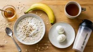 Petit dejeuner musculation : porridge protéines, skyr, banane et œufs