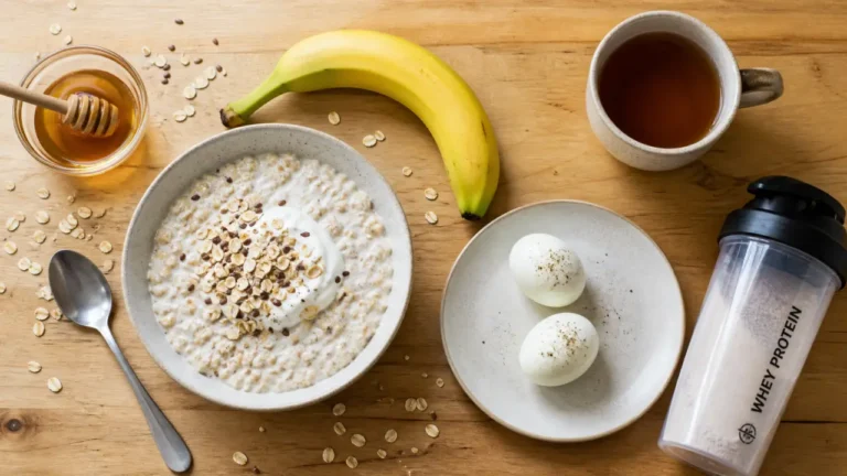 Petit déjeuner musculation : 20 à 40 g de protéines et des glucides bien choisis Petit dejeuner musculation : porridge protéines, skyr, banane et œufs