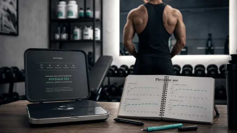 Physique sec : déficit calorique, protéines et entraînement pour garder le muscle Physique sec : athlète en salle avec balance et carnet calories
