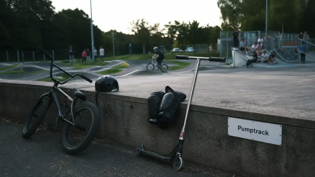 Skate park Meudon : pumptrack au complexe Marcel Bec, vue BMX et casque