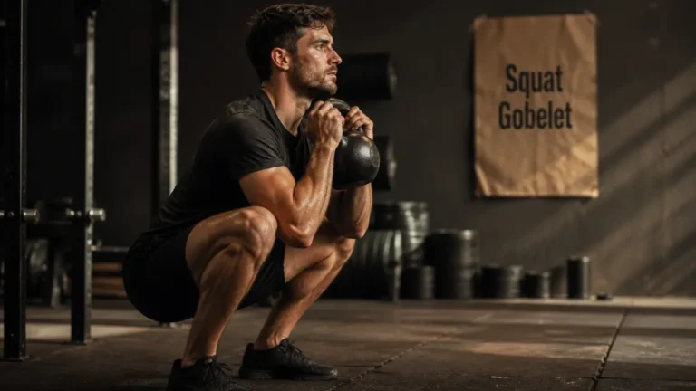 Squat gobelet : pourquoi cette variante surpasse le squat barre pour les débutants Squat gobelet débutant : exercice avec kettlebell près de la poitrine