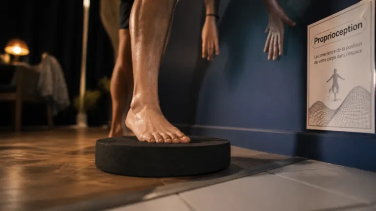 Travail proprioception : 2 à 3 séances par semaine pour des appuis plus sûrs Travail proprioception : appui unipodal sur coussin d’équilibre