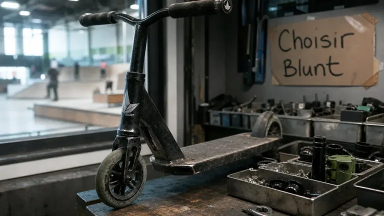 Trottinette freestyle blunt Blunt sur établi, pièces et deck prêts à choisir selon le niveau