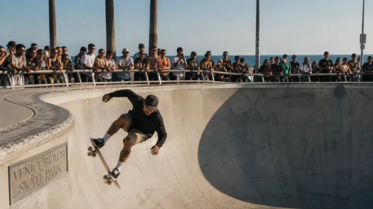 Venice Beach Skate Park : pourquoi le bowl, le flowpark et la foule font le spectacle Venice Beach Skate Park : skateur dans le bowl, foule et palmiers
