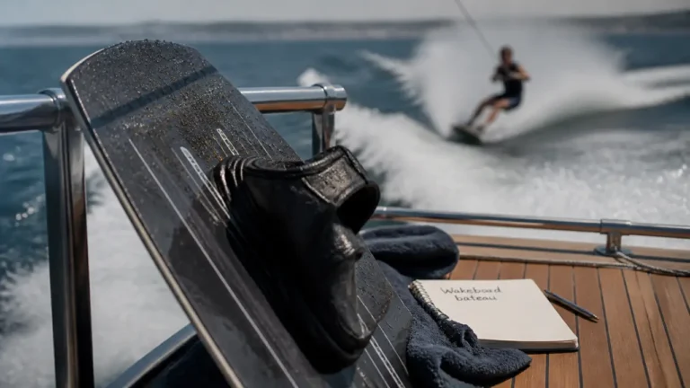 Wakeboard bateau sur le pont, sillage derrière