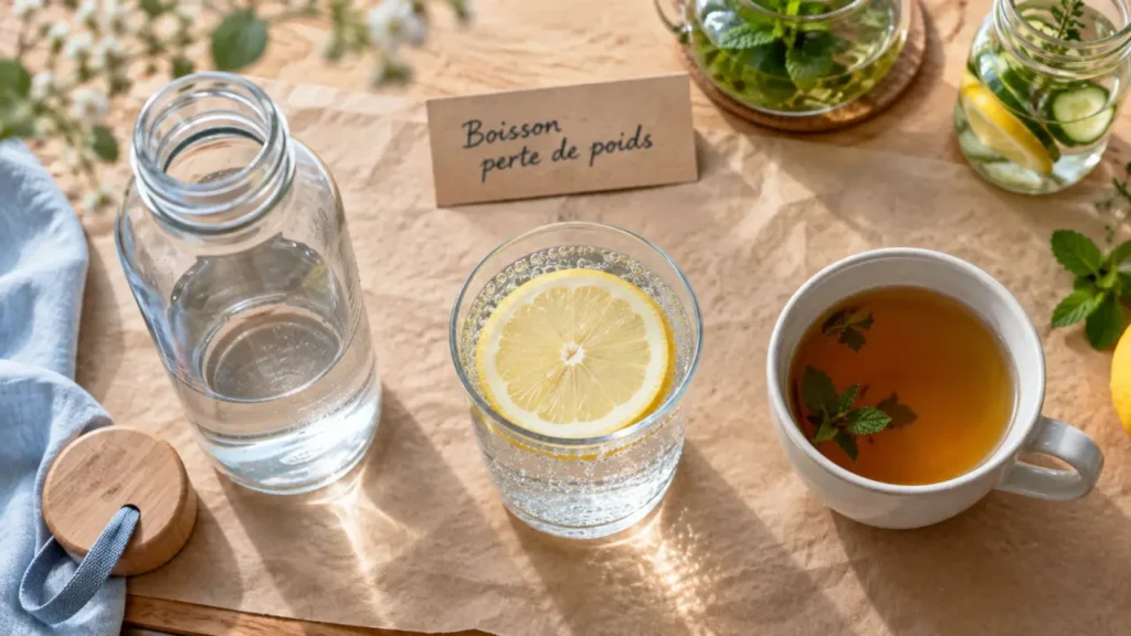 Boisson perte de poids : eau pétillante et tisane sans sucre au citron