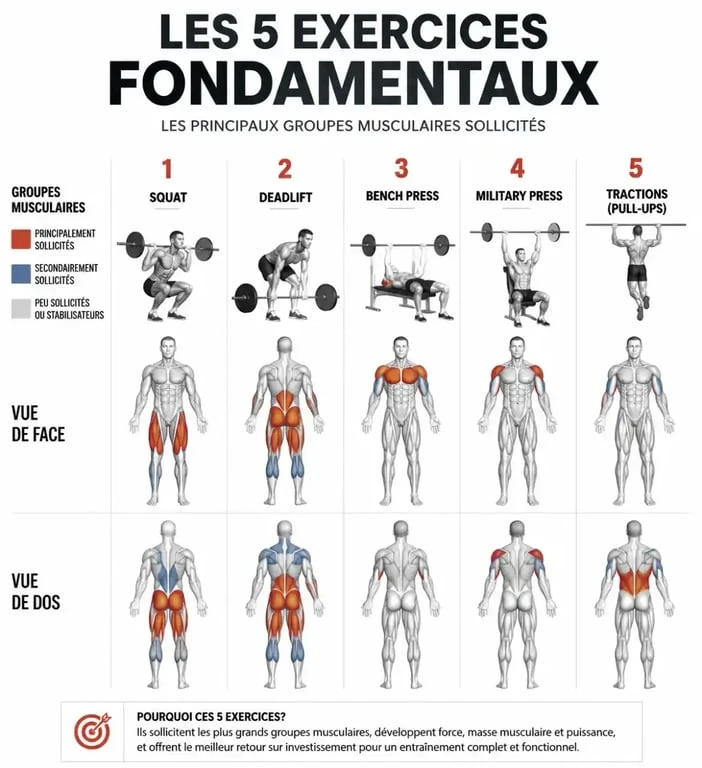 Infographie des muscles sollicités par les exercices polyarticulaires
