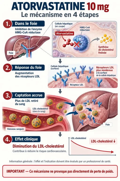 Infographie sur l’atorvastatine 10 mg et la perte de poids : mécanisme sur le LDL-cholestérol et absence d’effet amaigrissant direct
