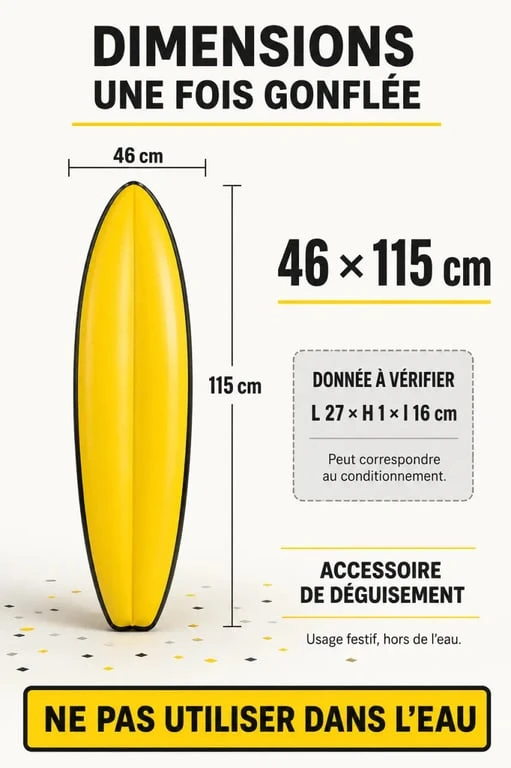 Infographie sur la planche de surf Brice de Nice gonflable, ses dimensions et son usage comme accessoire de déguisement