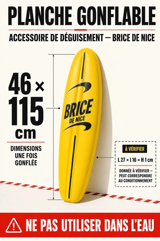Infographie sur la planche de surf Brice de Nice gonflable, ses dimensions et son usage comme accessoire de déguisement