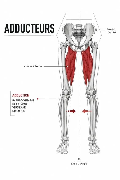 muscle intérieur cuisse : schéma des adducteurs et de la stabilité du bassin