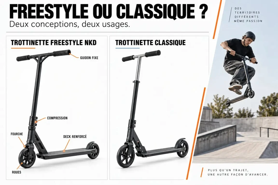Infographie sur la trottinette freestyle NKD et ses composants par rapport à une trottinette classique