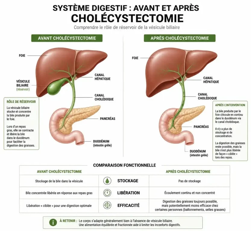Schéma du système digestif après une ablation de la vésicule biliaire et perte de poids