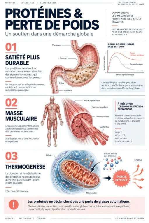 Infographie sur la protéine et la perte de poids : satiété, maintien musculaire et thermogenèse