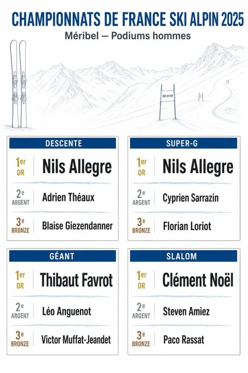 Championnat de France ski alpin 2025 : tableau visuel des podiums à Méribel