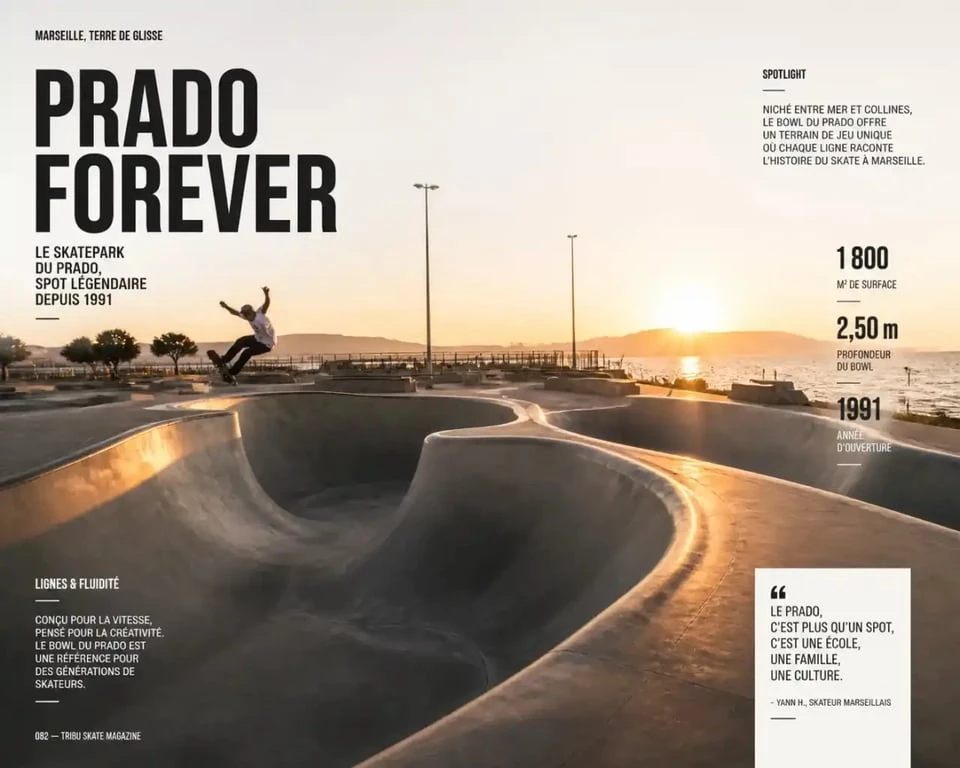 Vue panoramique du skate park du Prado à Marseille au coucher du soleil