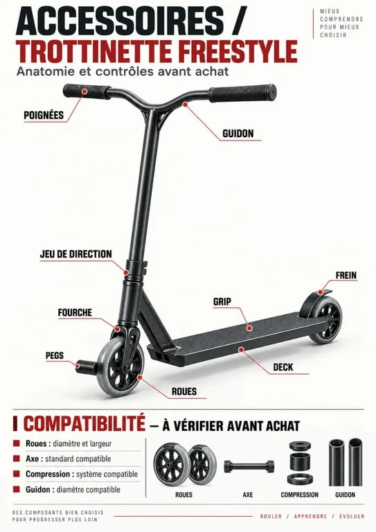 Infographie des accessoires de trottinette freestyle et des points de compatibilité à vérifier