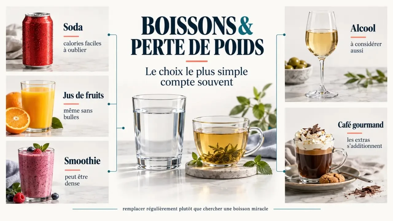 Boisson perte de poids : visuel comparant eau, infusion, soda, jus de fruits, smoothie et alcool