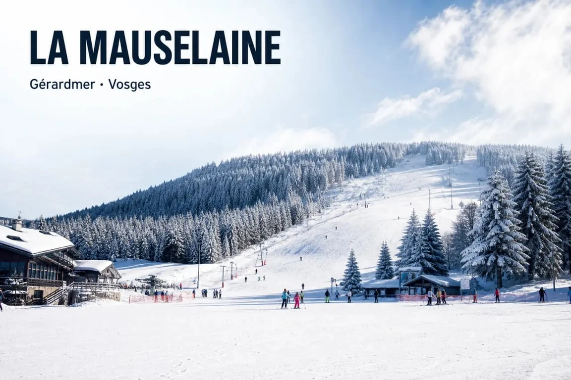 Station de ski alpin - la mauselaine à Gérardmer sous la neige, vue large des pistes et du front de neige