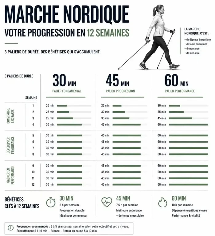 Programme de progression sur 12 semaines en marche nordique pour perdre du poids