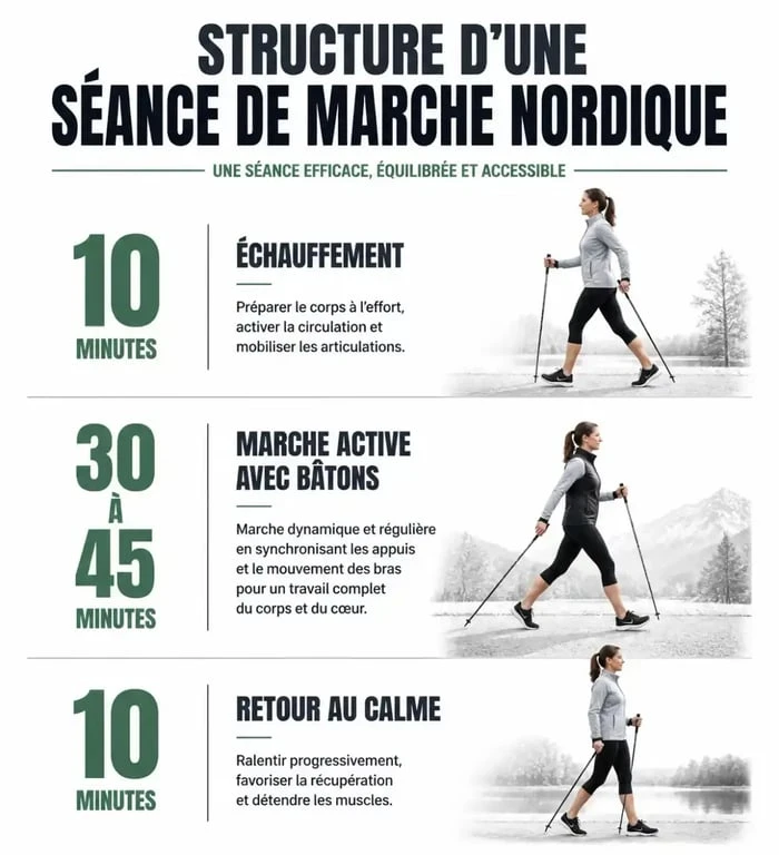 Schéma de la structure d'une séance de marche nordique pour la perte de poids