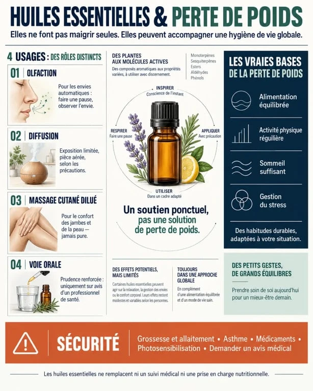 Infographie sur l'huile essentielle perte de poids, ses usages possibles et ses précautions
