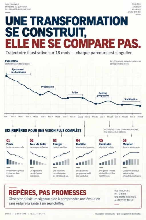 Infographie perte de poids avant apres montrant une trajectoire progressive et non linéaire