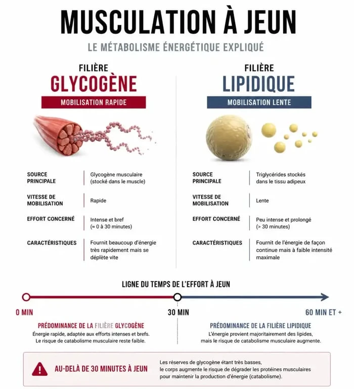 Infographie musculation a jeun expliquant glycogène, lipides et seuil de 30 minutes