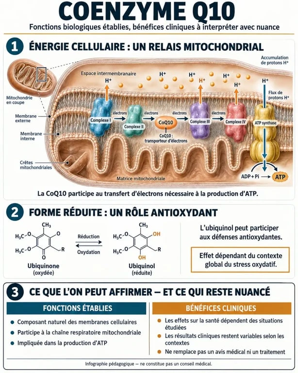 Infographie scientifique sur les bienfaits du coenzyme Q10, son rôle mitochondrial et ses limites