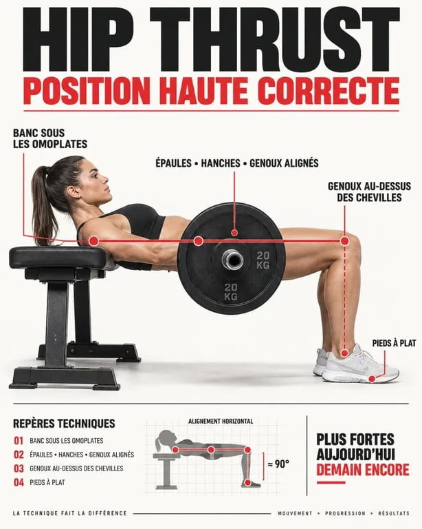 Schéma hip thrust position correcte alignement épaules hanches genoux