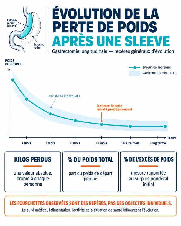 Infographie sur le tableau de perte de poids après sleeve avec évolution par période et distinction entre poids total et excès de poids
