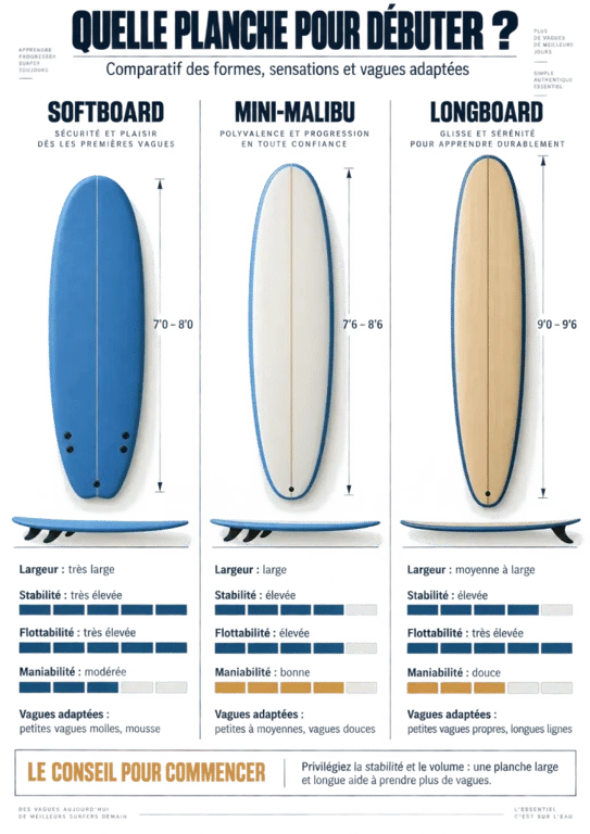 Infographie comparative des formats de planche de surf débutant : softboard, mini-malibu et longboard
