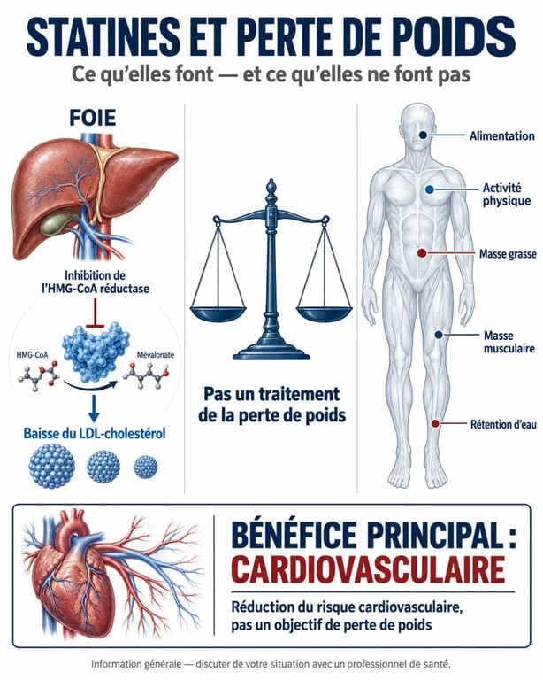 Infographie sur les statines et la perte de poids, leur action sur le LDL et le risque cardiovasculaire