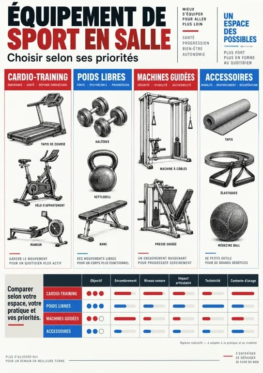Équipement de sport en salle : comparaison visuelle des appareils de cardio, de musculation et des accessoires