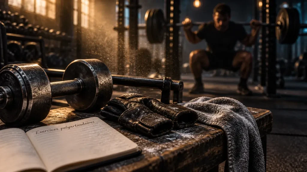 Exercices polyarticulaires : haltère et squat en salle de sport