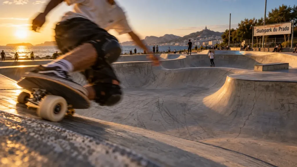 Skate park du Prado à Marseille, skateur dans le bowl en béton