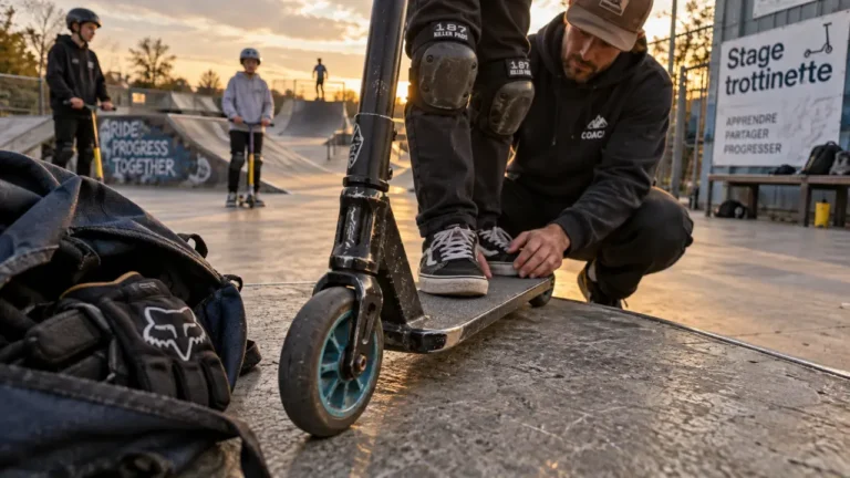 Stage trottinette freestyle : moniteur aide un ado en skatepark (âge, niveau)
