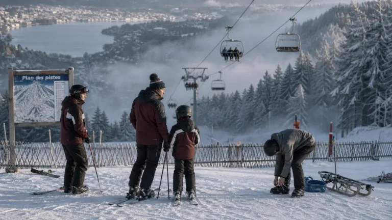 Station de ski alpin - la mauselaine à Gérardmer : famille sur le front de neige et télésiège