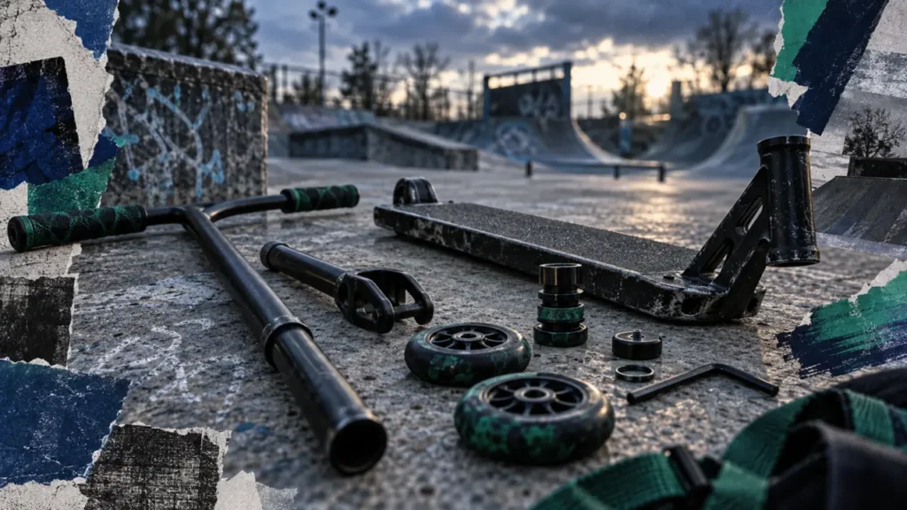 Trottinette freestyle nkd sur un sol de skatepark, gros plan