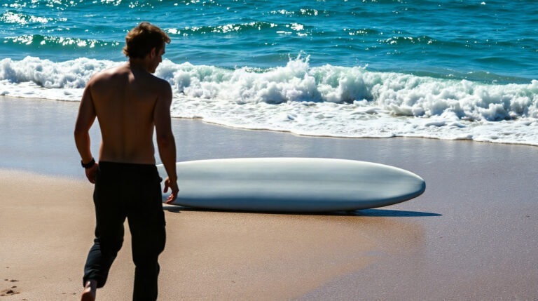Planche de surf en mousse posee sur le sable au bord de l ocean