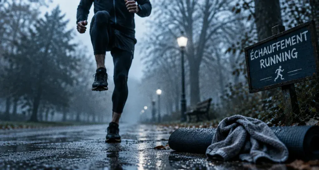 Echauffement running en extérieur, montées de genoux au sol humide