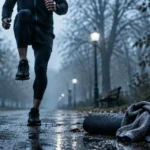 Echauffement running en extérieur, montées de genoux au sol humide