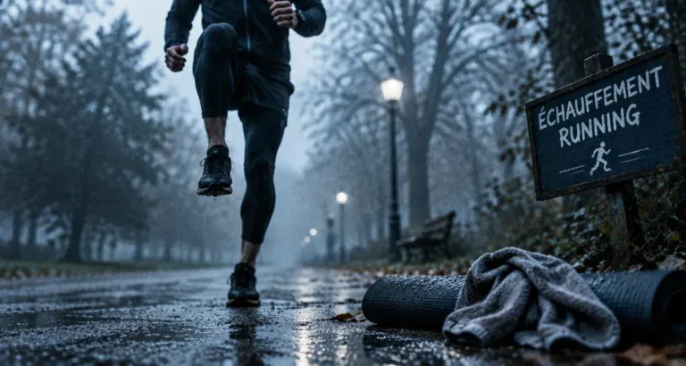 Echauffement running en extérieur, montées de genoux au sol humide