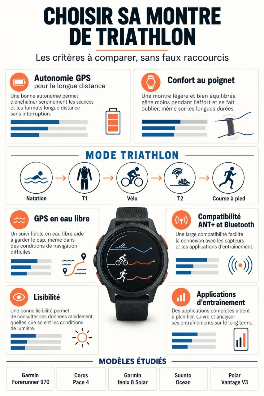Infographie comparative pour choisir le meilleur montre triathlon selon l’autonomie, les transitions, le GPS et les capteurs