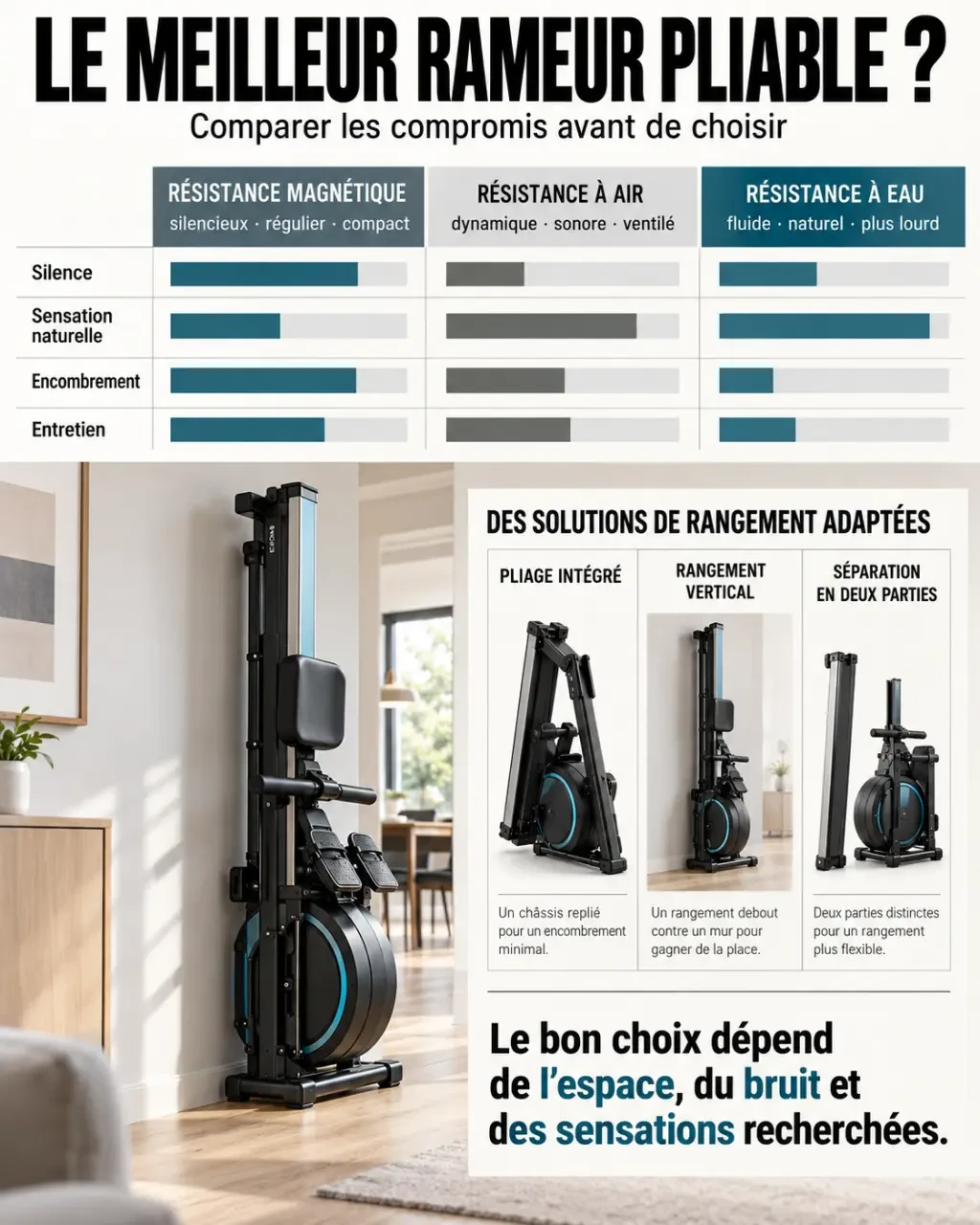 Infographie comparative pour choisir le meilleur rameur pliable selon la résistance et le rangement