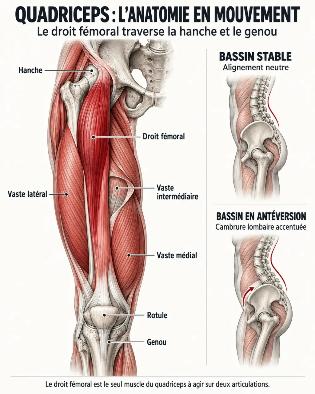 Schéma des quadriceps et de la compensation du bassin pendant un étirement des quadriceps