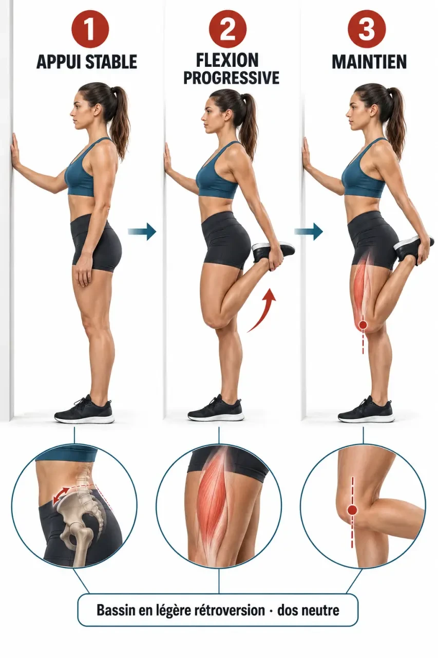 Étapes pour réaliser correctement un étirement des quadriceps debout avec le bassin stable