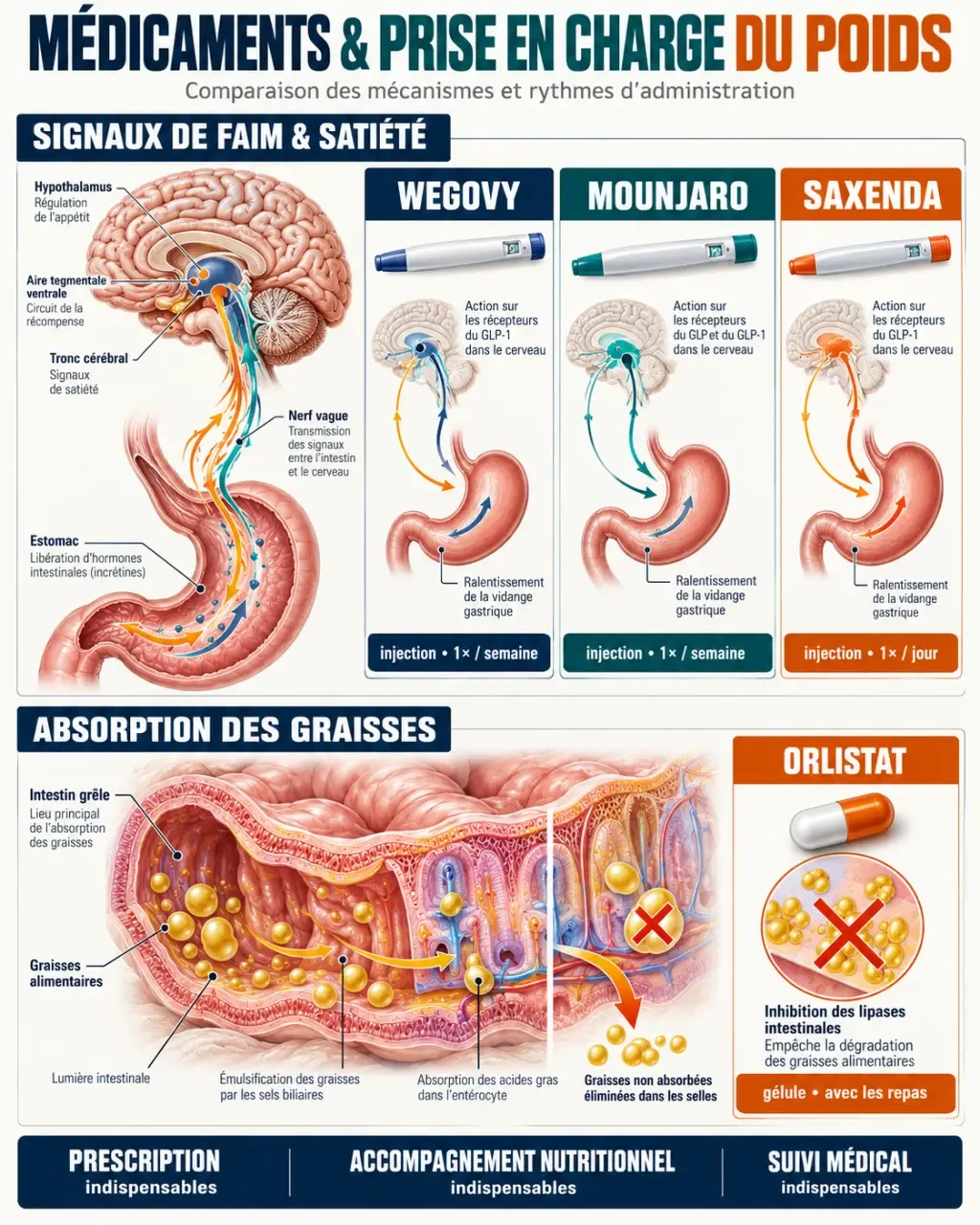 Infographie sur les médicaments perte de poids Wegovy, Mounjaro, Saxenda et orlistat