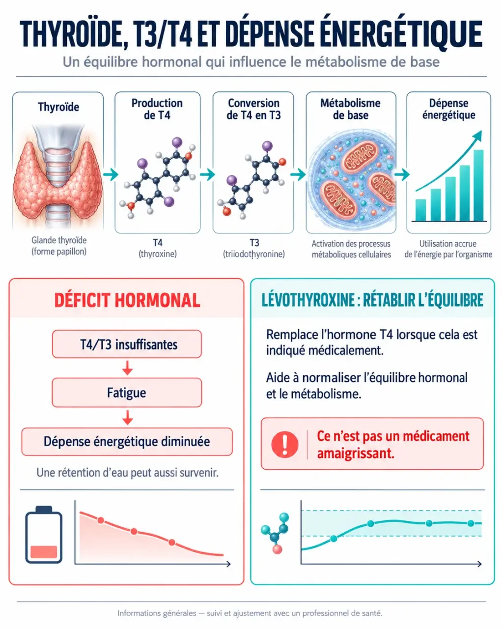 Schéma sur l'hypothyroïdie traitement perte de poids et le lien entre hormones thyroïdiennes, métabolisme et dépense énergétique