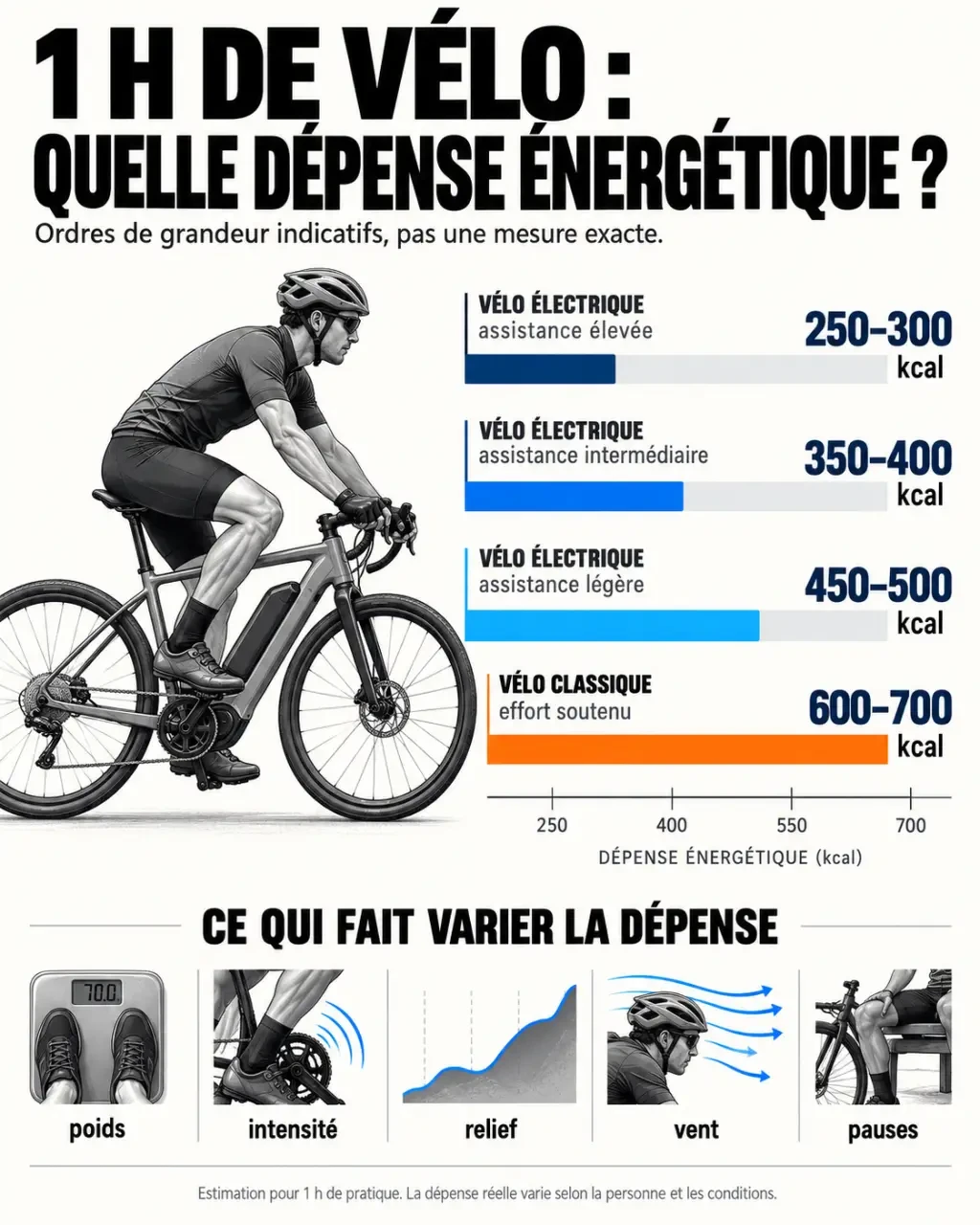 Infographie 1h de vélo calorie : dépense estimée selon le type de vélo et l'intensité